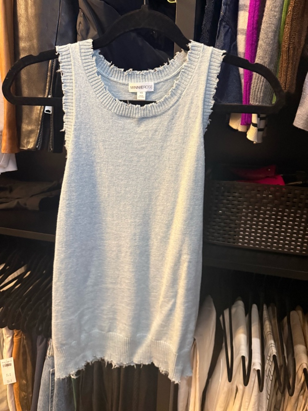 Minnie Rose Powder Blue Distressed Sleeveless Knit Tank